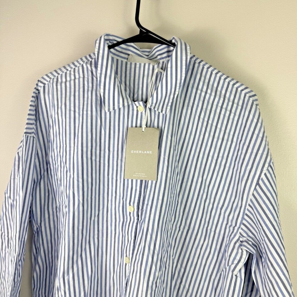 Everlane PJ Cotton Shirt Blue White Stripe Cropped Button Down Top Medium - Picture 7 of 9